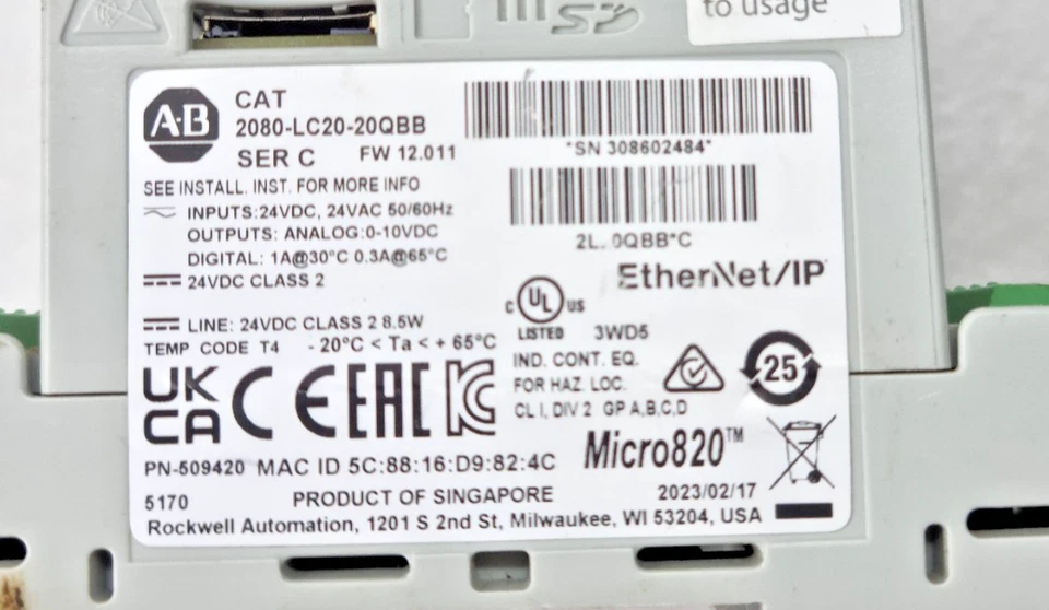 USED WORKING ALLEN BRADLEY 2080-LC20-20QBB MICRO820 ETHERNET IP PLC WITH MODULE